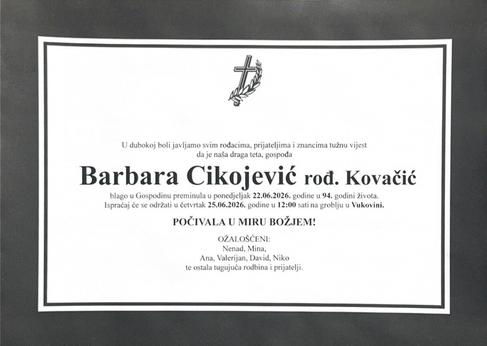 Obavijest: Barbara Cikojević rođ. Kovačić